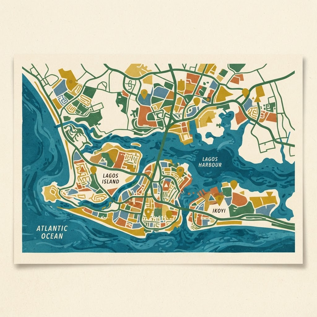 Illustrated city map with location markers