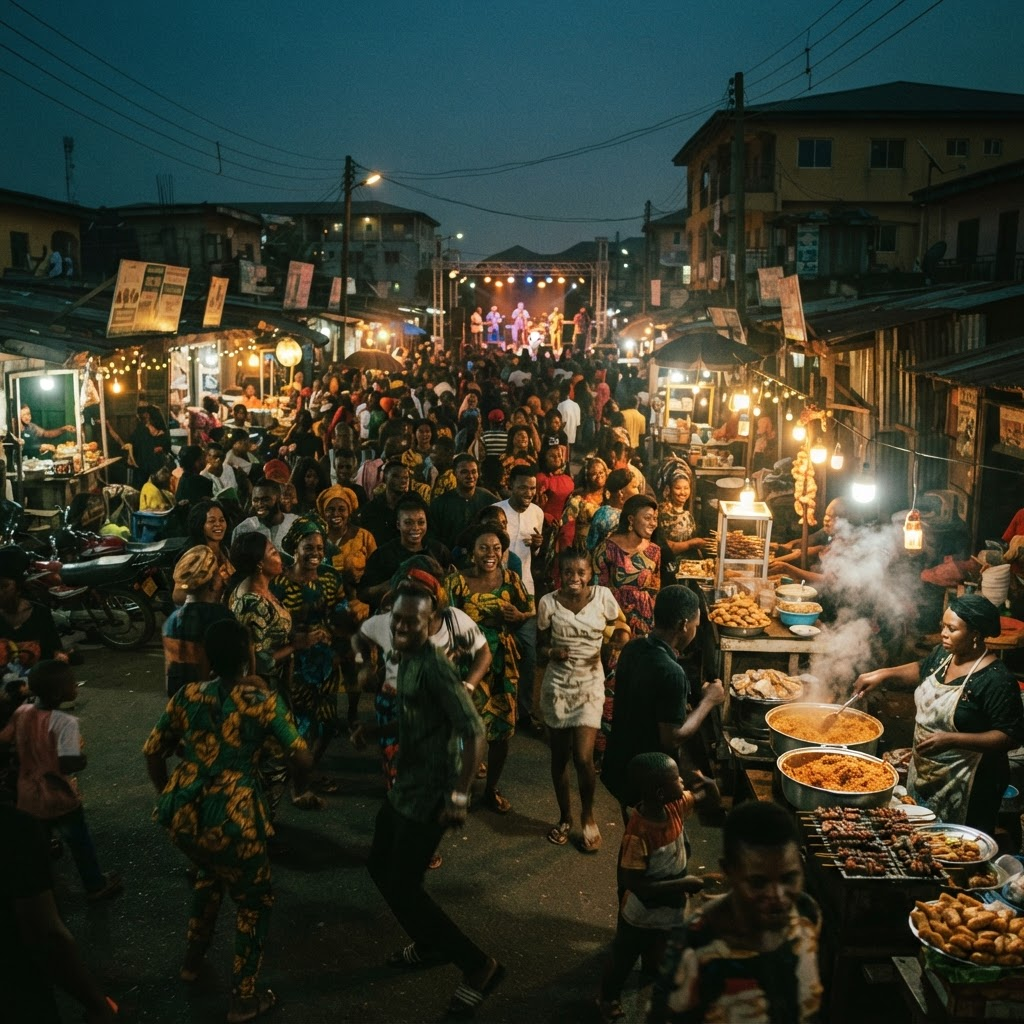 Lagos street festival at dusk