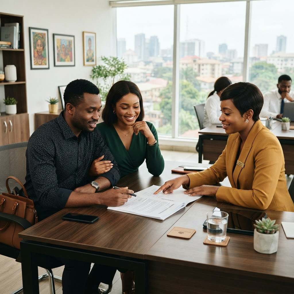 Couple reviewing property documents with a consultant
